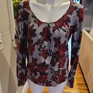 Talbots Red and Gray Fitted Long Sleeve Blouse
